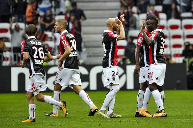 Joie OGC Nice - But de Kpene Ganago (OGC Nice) - Christophe Jallet (OGC Nice) - Maxime Le Marchand (OGC Nice) - Vincent Koziello (OGC Nice) - Alassane Plea ( OGC Nice) FOOTBALL : OGC Nice vs AS Monaco - Ligue 1 - Nice - 09 09 2017 NorbertScanella Panoramic 