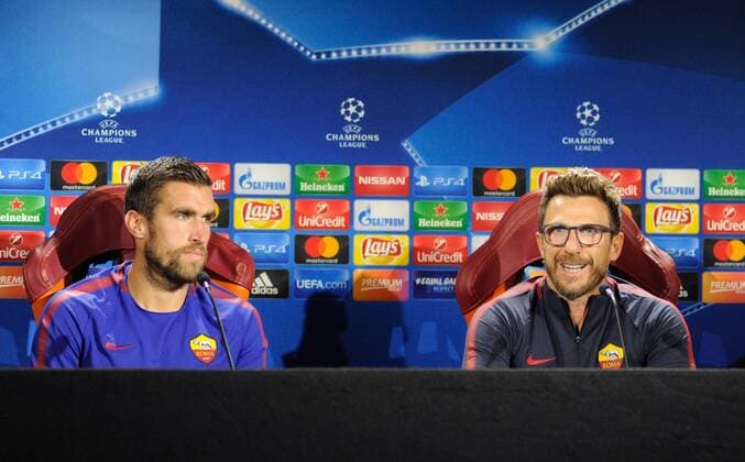 September 11th 2017, Trigoria, Rome, Italy, AS Roma press conferenc ebefore their Champions league match against Atletico Madrid on Sptember 12th in Rome; Coach Eusebio Di Francesco and Kevin Strootman  ActionPlus11929354