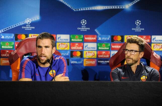 September 11th 2017, Trigoria, Rome, Italy, AS Roma press conferenc ebefore their Champions league match against Atletico Madrid on Sptember 12th in Rome; Coach Eusebio Di Francesco and Kevin Strootman  ActionPlus11929358