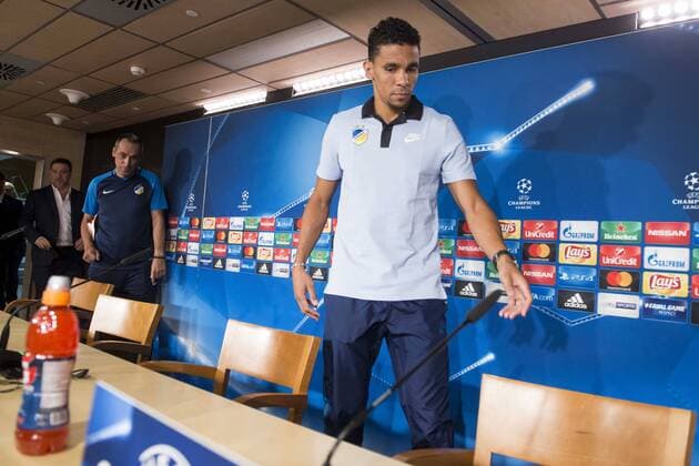 Apoel s Igor de Camargo attends to the Apoel FC press conference PK Pressekonferenz before Champions League match between Real Madrid and Apoel at Santiago Bernabeu Stadium in Madrid, Spain September 12, 2017.  (20170912001)