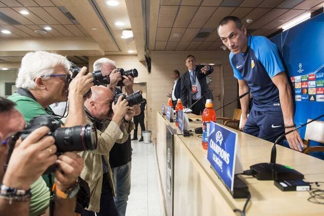 Apoel s coach Giorgos Donis attends to the Apoel FC press conference PK Pressekonferenz before Champions League match between Real Madrid and Apoel at Santiago Bernabeu Stadium in Madrid, Spain September 12, 2017.  (20170912002)