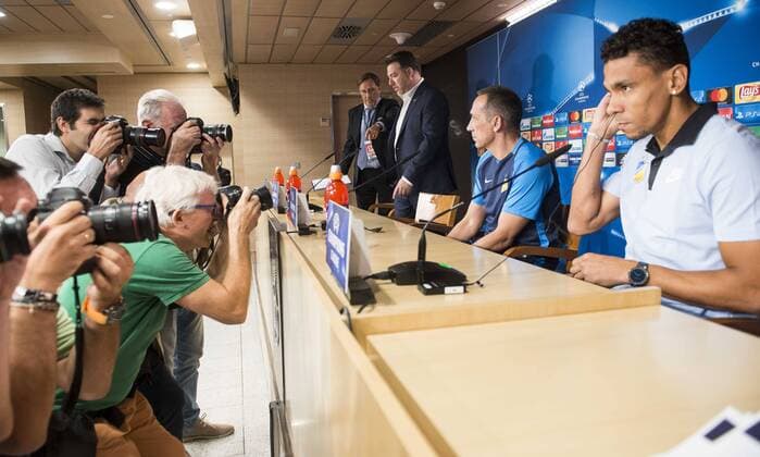 Apoel s coach Giorgos Donis and Igor de Camargo attends to the Apoel FC press conference PK Pressekonferenz before Champions League match between Real Madrid and Apoel at Santiago Bernabeu Stadium in Madrid, Spain September 12, 2017.  (20170912003)