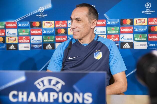 Apoel s coach Giorgos Donis attends to the Apoel FC press conference PK Pressekonferenz before Champions League match between Real Madrid and Apoel at Santiago Bernabeu Stadium in Madrid, Spain September 12, 2017.  (20170912004)