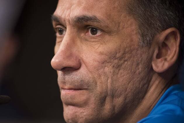 Apoel s coach Giorgos Donis attends to the Apoel FC press conference PK Pressekonferenz before Champions League match between Real Madrid and Apoel at Santiago Bernabeu Stadium in Madrid, Spain September 12, 2017.  (20170912019)