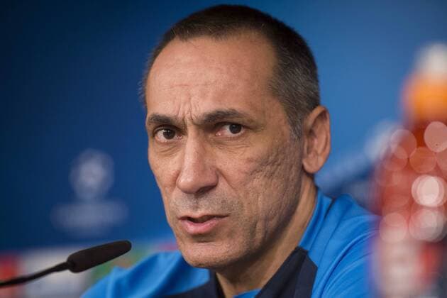 Apoel s coach Giorgos Donis attends to the Apoel FC press conference PK Pressekonferenz before Champions League match between Real Madrid and Apoel at Santiago Bernabeu Stadium in Madrid, Spain September 12, 2017.  (20170912020)