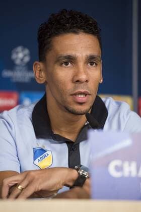 Apoel s Igor de Camargo attends to the Apoel FC press conference PK Pressekonferenz before Champions League match between Real Madrid and Apoel at Santiago Bernabeu Stadium in Madrid, Spain September 12, 2017.  (20170912010)
