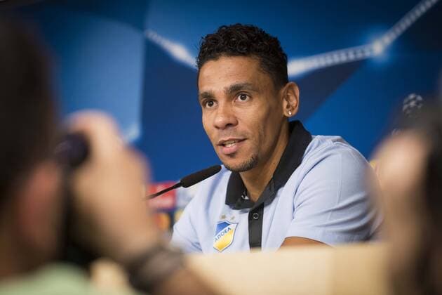 Apoel s Igor de Camargo attends to the Apoel FC press conference PK Pressekonferenz before Champions League match between Real Madrid and Apoel at Santiago Bernabeu Stadium in Madrid, Spain September 12, 2017.  (20170912013)