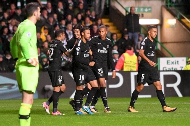 10 NEYMAR JR (psg) - 09 EDINSON CAVANI (psg) - 29 KYLIAN MBAPPE (psg) - 05 MARQUINHOS (psg) - JOIE FOOTBALL : Celtic Glasgow vs Paris SG - Ligue des Champions - 12 09 2017 AnthonyBIBARD FEP Panoramic 
