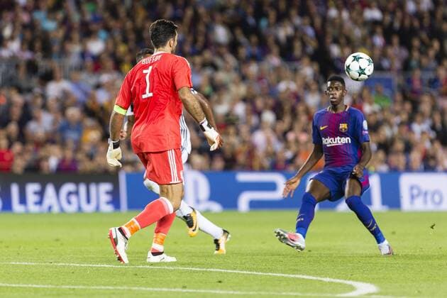 SPAIN - Sep,12th: Dembele and Gianluigi Buffon during the match between FC Barcelona Barca - Juventus, for the group stage, round 1 of the Champions League, held at Camp Nou Stadium on 12th September 2017 in Barcelona, Spain. (Credit: Mikel Trigueros Urbanandsport Cordon Press)  xCordonxPressx xSPAINx-xFCxBarcelonax-xJuventusx-xxChampionsxLeaguex-x2017 18x