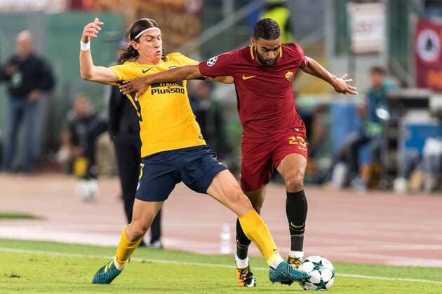 (L-R) Filipe Luis of Club Atletico de Madrid, Gregoire Defrel of AS Roma during the UEFA Champions League group C match match between AS Roma and Atletico Madrid on September 12, 2017 at the Stadio Olimpico in Rome, Italy. UEFA Champions League 2017 2018 xVIxVIxImagesx xGerritxvanxKeulenxIVx 8726721