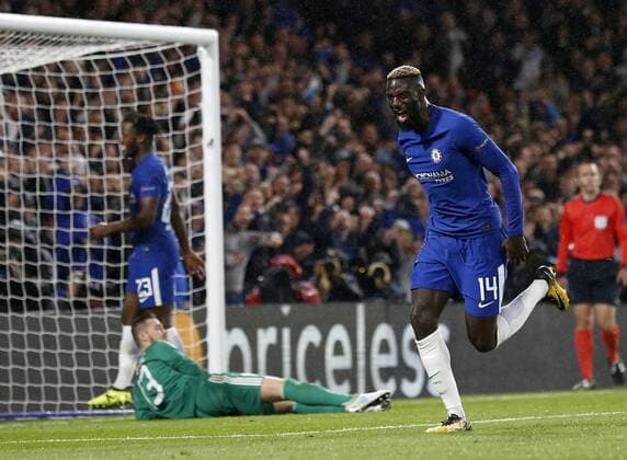 Chelsea s Tiemoue Bakayoko celebrates scoring his sides fourth goal during the champions league match at Stamford Bridge Stadium, London. Picture date 12th September 2017. Picture credit should read: David Klein Sportimage EDITORIAL USE ONLY. No use with unauthorised audio, video, data, fixture lists, club league logos or live services. Online in-match use limited to 120 images, no video emulation. No use in betting, games or single club league player publications.