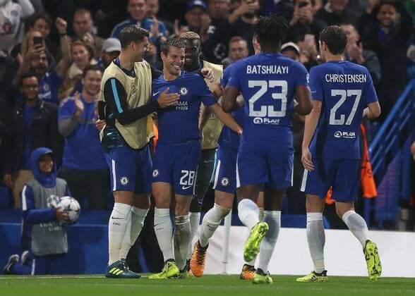 12th September 2017, Stamford Bridge, London, England; UEFA Champions League Group stage, Chelsea versus Qarabag FK; Cesar Azpilicueta of Chelsea celebrates with his players after scoring from a header in the 55th minute to make it 3-0  ActionPlus11929439