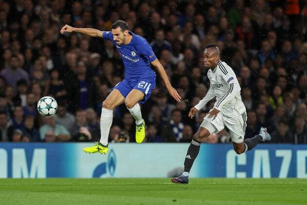 London England 12 09 2017 UEFA Champions League 2017 18 Season 1st Game Day FC Chelsea Qarabag Agdam Davide Zappacosta FCC and Donald Guerrier QFK in duel DeFodi048