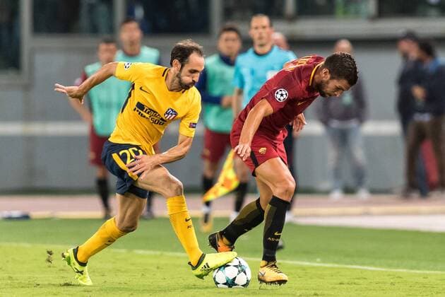 (L-R) Juanfran of Club Atletico de Madrid, Kevin Strootman of AS Roma during the UEFA Champions League group C match match between AS Roma and Atletico Madrid on September 12, 2017 at the Stadio Olimpico in Rome, Italy. UEFA Champions League 2017 2018 xVIxVIxImagesx xGerritxvanxKeulenxIVx 8727683
