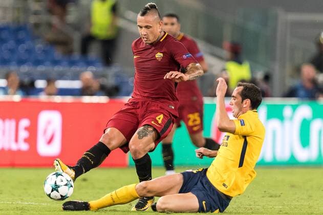 (L-R) Radja Nainggolan of AS Roma, Diego Godin of Club Atletico de Madrid during the UEFA Champions League group C match match between AS Roma and Atletico Madrid on September 12, 2017 at the Stadio Olimpico in Rome, Italy. UEFA Champions League 2017 2018 xVIxVIxImagesx xGerritxvanxKeulenxIVx 8727691