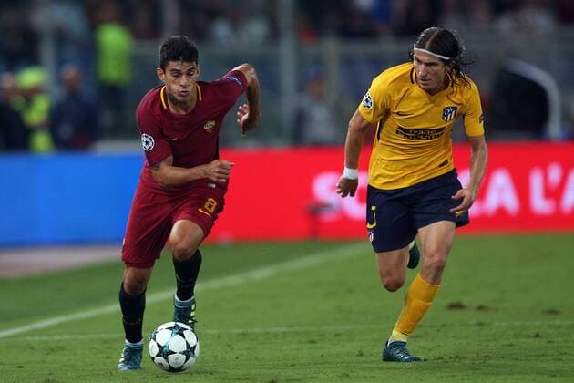 ROME, ITALY . 12 september 2017. Olimpic Stadium. UEFA CHAMPIONS LEAGUE 2017 2018. MATCH AS ROMA VS ATLETICO MADRID. Perotti and Filipe Luis in action during the match Roma vs Atletico Madrid in Olympic stadium in the city of ROME, ITALY. (photo: Marco Iacobucci)  Copyright: xmarcoxiacobuccix xIPAx xMarcoxIacobuccix