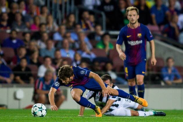 12th September 2017, Camp Nou, Barcelona, Spain; UEFA Champions League Group stage, FC Barcelona Barca versus Juventus; Sergi Roberto of FC Barcelona is fouled top of the box by Juve defender  ActionPlus11929526