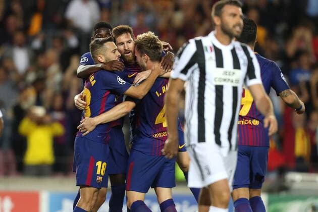 September 12, 2017 - Barcelona, Spain - Ivan Rakitic of FC Barcelona Barca celebrates with Lionel Messi and Jordi Alba after scoring his side s second goal during the UEFA Champions League, Group D football match between FC Barcelona and Juventus FC on September 12, 2017 at Camp Nou stadium in Barcelona, Spain. Football - UEFA Champions League - FC Barcelona vs Juventus FC  - ZUMAb169 20170912_zaa_b169_022 Copyright: xManuelxBlondeau Aop.Pressx