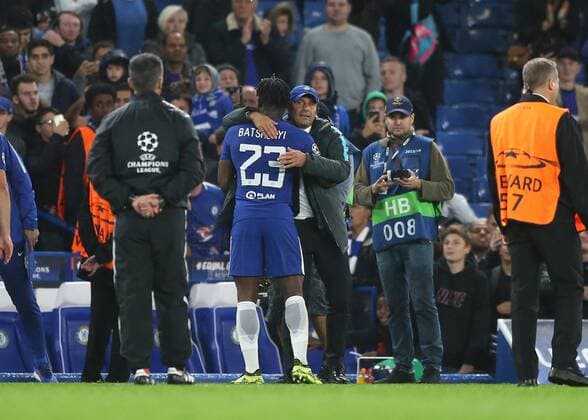 12th September 2017, Stamford Bridge, London, England; UEFA Champions League Group stage, Chelsea versus Qarabag FK; Chelsea Manager Antonio Conte hugs Michy Batshuayi of Chelsea after the final whistle  ActionPlus11929566