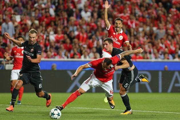 September 12, 2017 - Lisbon, Lisbon, Portugal - Benficas forward Haris Seferovic from Switzerland (C) and CSKA Moskvas defender Viktor Vasin from Russia (R) during the SL Benfica v CSKA Moskva - UEFA Champions League round one match at Estadio da Luz on September 12, 2017 in Lisbon, Portugal. SL Benfica v CSKA Moskva - UEFA Champions League  - ZUMAn230 20170912_zaa_n230_319 Copyright: xDpix