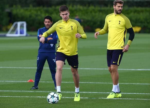 September 12, 2017 - Enfield, Greater London, United Kingdom - L-R Tottenham Hotspur s Juan Foyth and Tottenham Hotspur s Fernando Llorente.during a Tottenham Hotspur training session ahead of the UEFA Champions League Group H match against Borussia Dortmund at Tottenham Hotspur Training centre on 12 Sept , 2017 in Enfield, England. Tottenham Hotspur Training Session  - ZUMAn230 20170912_zaa_n230_425 Copyright: xKieranxGalvinx
