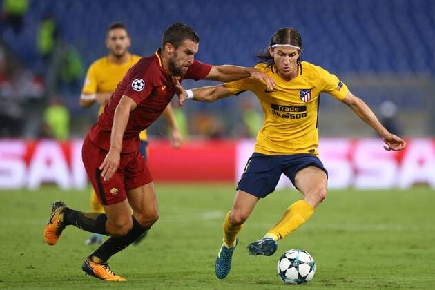 September 12, 2017 - Rome, Italy - Uefa Champions League: Group C Roma v Atletico de Madrid .Kevin Strootman of Roma and Filipe Luis of Atletico at Olimpico Stadium in Rome, Italy on September 12, 2017. AS Roma v Atletico Madrid - UEFA Champions League  - ZUMAn230 20170912_zaa_n230_481 Copyright: xMatteoxCiambellix