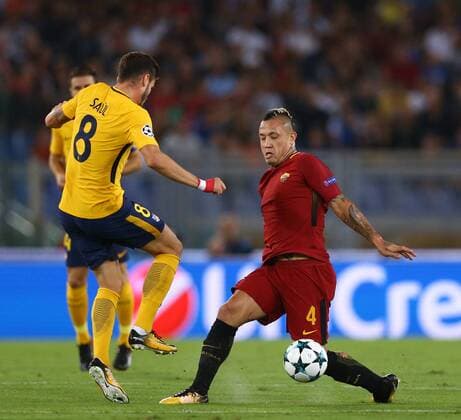 September 12, 2017 - Rome, Italy - Uefa Champions League: Group C Roma v Atletico de Madrid .Radja Nainggolan of Roma tackling on Saul Niguez of Atletico at Olimpico Stadium in Rome, Italy on September 12, 2017. AS Roma v Atletico Madrid - UEFA Champions League  - ZUMAn230 20170912_zaa_n230_508 Copyright: xMatteoxCiambellix