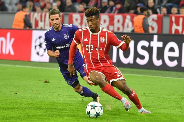 Kingsley Coman Bavaria Munich Action shot duel against Alexandru ukkan Chipciu Anderlecht FC Bavaria Munich RSC Anderlecht 3 0 Football Champions League Group stage at 12 09 2017 A l l I A n Z A r E n A