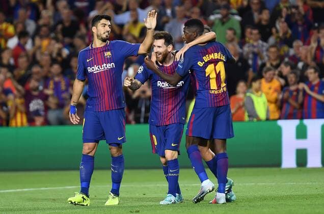 BARCELONA, 12-09-2017. Champions League 2017 2018. Barcelona 3-0 Juventus. Lionel Messi, Luis Suarez and Ousmane Dembele of FC Barcelona Barca celebrating Lionel Messi goal. Barcelona - Juventus  x1706442x