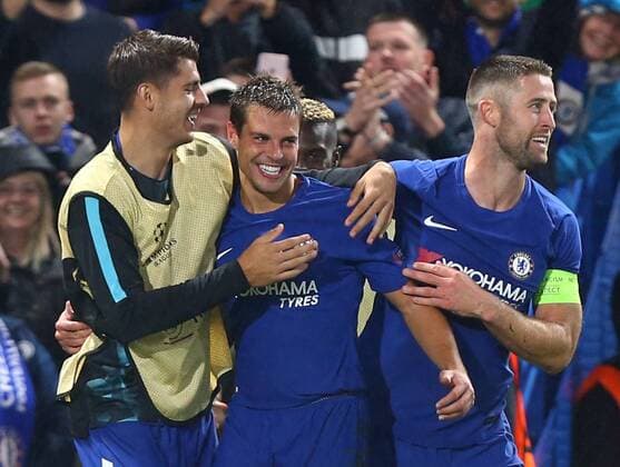 September 12, 2017 - London, Greater London, United Kingdom - Chelsea s Cesar Azpilicueta celebrates his goal.during UEFA Champions League - Group C match between Chelsea and FK Qarabag at Stanford Bridge, London 12 Sept 2017 Chelsea FC v Qarabag FK - UEFA Champions League  - ZUMAn230 20170912_zaa_n230_674 Copyright: xKieranxGalvinx