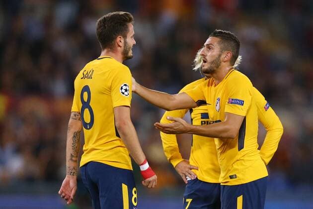 September 12, 2017 - Rome, Italy - Koke of Atletico talking with Saul Niguez of Atletico during the UEFA Champions League Group C football match between AS Roma and Atletico Madrid on September 12, 2017 at the Olympic stadium in Rome. AS Roma v Atletico Madrid - UEFA Champions League  - ZUMAn230 20170912_zaa_n230_769 Copyright: xMatteoxCiambellix