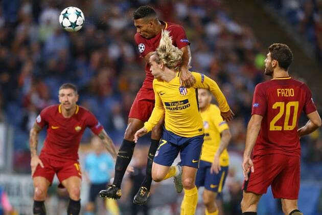September 12, 2017 - Rome, Italy - Juan Jesus of Roma and Antoine Griezmann of Atletico during the UEFA Champions League Group C football match between AS Roma and Atletico Madrid on September 12, 2017 at the Olympic stadium in Rome. AS Roma v Atletico Madrid - UEFA Champions League  - ZUMAn230 20170912_zaa_n230_800 Copyright: xMatteoxCiambellix