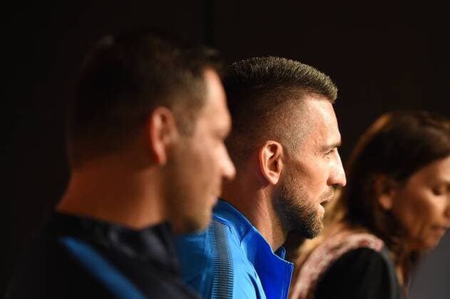 Football men 2017 18 UEFA Euro League Hertha BSC Press conference Head coach Pal Dardai Hertha BSC Vedad Ibisevic No 19 Hertha BSC 13 09 17 Copyright: xMichaelxHundtx xMatthiasxKochx