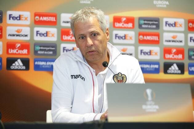 Nice head coach Lucien Favre pictured during a press conference PK Pressekonferenz of French soccer club OGC Nice, Wednesday 13 September 2017 in Waregem. Tomorrow Nice is playing Belgian team SV Zulte Waregem on the first day of the group stage (Group K) of the Europa League tournament. BRUNOxFAHY  x05164061x