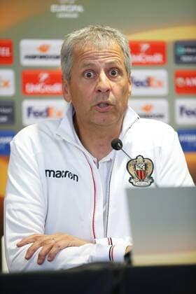 Nice head coach Lucien Favre pictured during a press conference PK Pressekonferenz of French soccer club OGC Nice, Wednesday 13 September 2017 in Waregem. Tomorrow Nice is playing Belgian team SV Zulte Waregem on the first day of the group stage (Group K) of the Europa League tournament. BRUNOxFAHY  x05164066x