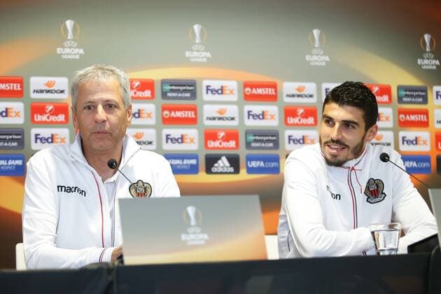 Nice head coach Lucien Favre and Nice Pierre Lees-Melou pictured during a press conference PK Pressekonferenz of French soccer club OGC Nice, Wednesday 13 September 2017 in Waregem. Tomorrow Nice is playing Belgian team SV Zulte Waregem on the first day of the group stage (Group K) of the Europa League tournament. BRUNOxFAHY  x05164071x