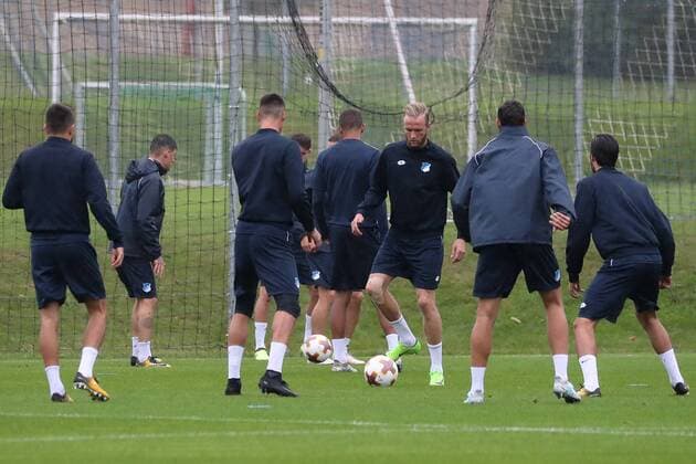Players the TSG 1899 Hoffenheim the Training at Day the Game Conclusion of training Exercise unit Game preparation Action Action shot Kevin Vogt Hoffenheim 22 at Ball Football UEFA Europe League MD 1 TSG 1899 Hoffenheim SC Braga xozx
