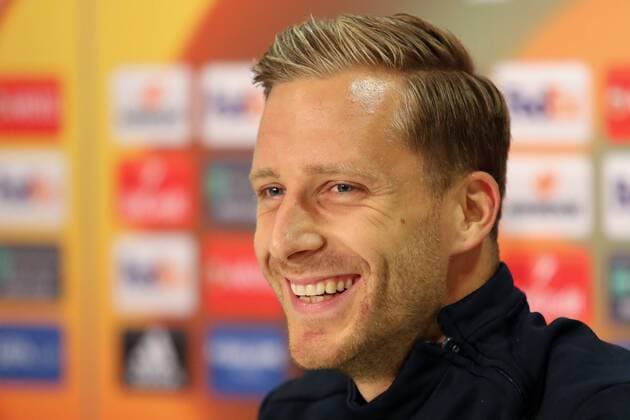 Oliver Baumann Goalkeeper Hoffenheim 1 Portrait Portrait Single Action shot Action at the Press conference at Day the Game Final press conference press conference Press Conference Press call Media Opportunity Football UEFA Europe League MD 1 TSG 1899 Hoffenheim SC Braga xozx