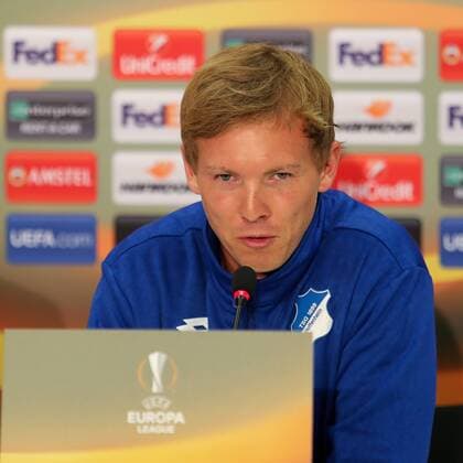 Julian Nagelsmann team manager Head coach Hoffenheim Portrait Portrait Single Action shot Action at the Press conference at Day the Game Final press conference press conference Press Conference Press call Media Opportunity Football UEFA Europe League MD 1 TSG 1899 Hoffenheim SC Braga xozx