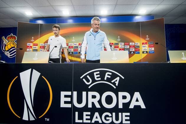 170913 Mike Jensen and Kare Ingebrigtsen, head coach of Rosenborg, during a press conference PK Pressekonferenz on September 13, 2017 in San Sebastian. Photo: Vegard Wivestad Gr¿tt BILDBYRN kod VG 170012  Copyright: VEGARDxWIVESTADxGR¯TT BB170913BB174