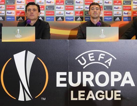 SOCCER - EL, Austria vs Milano, preview VIENNA,AUSTRIA,13.SEP.17 - SOCCER - UEFA Europa League, group stage, FK Austria Wien VS AC Milano, preview, press conference PK Pressekonferenz Milano. Image shows head coach Vincenzo Montella (AC Milan) and Alessio Romagnoli (AC Milan). GEPAxpictures xChristianxOrt