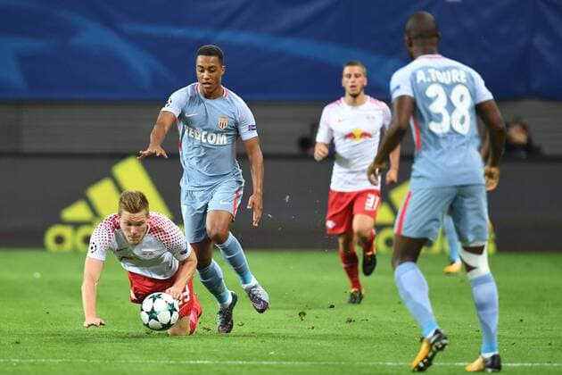 Football men Season 2017 2018 Champions League Group G 1 Matchday RB Leipzig AS Monaco Marcel Halstenberg No 23 RB Leipzig Youri Tielemans No 17 AS Monaco Diego Demme No 31 RB Leipzig Almamy Toure No 38 AS Monaco 13 09 2017 Copyright: xMatthiasxKochx