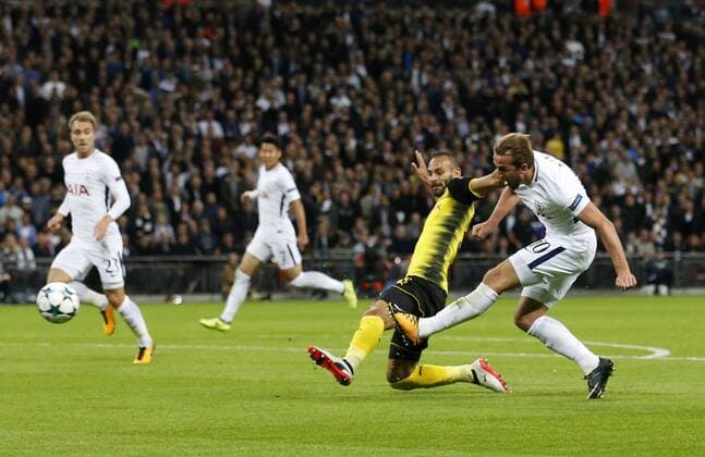 Tottenham s Harry Kane scoring his sides second goal during the champions league match at Wembley Stadium, London. Picture date 13th September 2017. Picture credit should read: David Klein Sportimage EDITORIAL USE ONLY. No use with unauthorised audio, video, data, fixture lists, club league logos or live services. Online in-match use limited to 120 images, no video emulation. No use in betting, games or single club league player publications.
