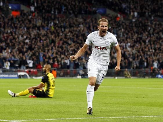 Tottenham s Harry Kane celebrates scoring his sides second goal during the champions league match at Wembley Stadium, London. Picture date 13th September 2017. Picture credit should read: David Klein Sportimage EDITORIAL USE ONLY. No use with unauthorised audio, video, data, fixture lists, club league logos or live services. Online in-match use limited to 120 images, no video emulation. No use in betting, games or single club league player publications.