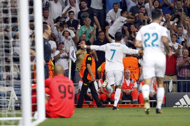Fußball, CL, Real Madrid - Apoel Nikosia Soccer match between Real Madrid and Apoel of Champions League 2017 2018, held at the Santiago Bernabeu stadium, in Madrid. (Photo: J. Luis Cuesta 261 Cordon Press). Cristiano Ronaldo celebrates after score the first goal.  xJosexLuisxCuestax xx
