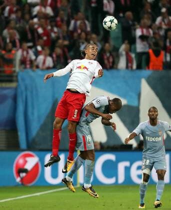RB Leipzig Monaco Football Champions League Leipzig 13 09 2017 Red Bull Arena Football UEFA Champions League Group G 1 Matchday RB Leipzig vs AS Monaco in Picture from left Yussuf Poulsen 9 RB Leipzig and Djibril Sidib 19 Monaco