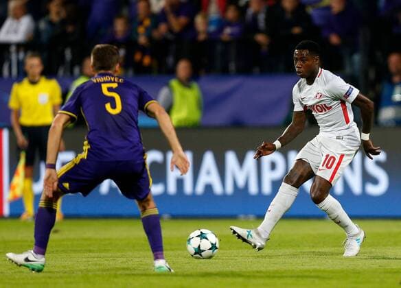 SOCCER - CL, Maribor vs Spartak MARIBOR,SLOVENIA,13.SEP.17 - UEFA Champions League, group stage, NK Maribor vs FK Spartak Moscow. Image shows Blaz Vrhovec (Maribor) and Quincy Promes (Spartak). GEPAxpictures xDavidxRodriguez