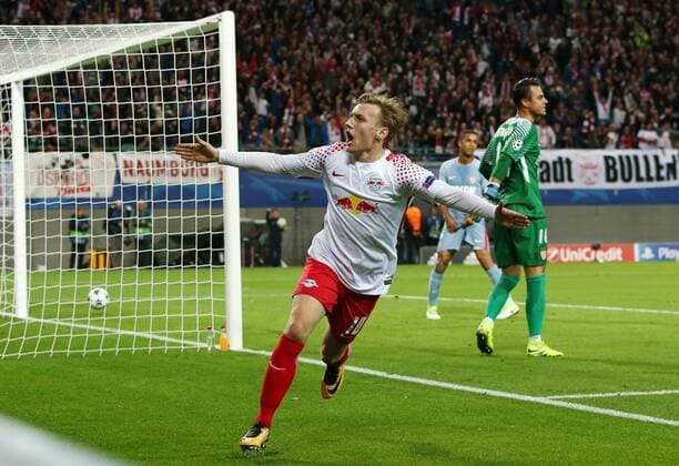 Emil Forsberg 1 0 happiness Emotion jubilant cheering After 1 0 Sports Football Football UEFA CL Champions League men Season 2017 2018 13 09 2017 RB Leipzig RBL vs AS Monaco