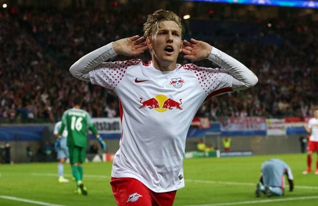 Emil Forsberg 1 0 happiness Emotion jubilant cheering After 1 0 Sports Football Football UEFA CL Champions League men Season 2017 2018 13 09 2017 RB Leipzig RBL vs AS Monaco