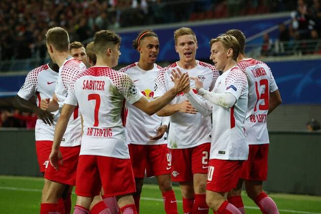 Marcel Sabitzer Yussuf Yurary Poulsen Marcel Halstenberg Emil Forsberg 1 0 Crew jubilation happiness Emotion jubilant cheering After 1 0 Sports Football Football UEFA CL Champions League men Season 2017 2018 13 09 2017 RB Leipzig RBL vs AS Monaco